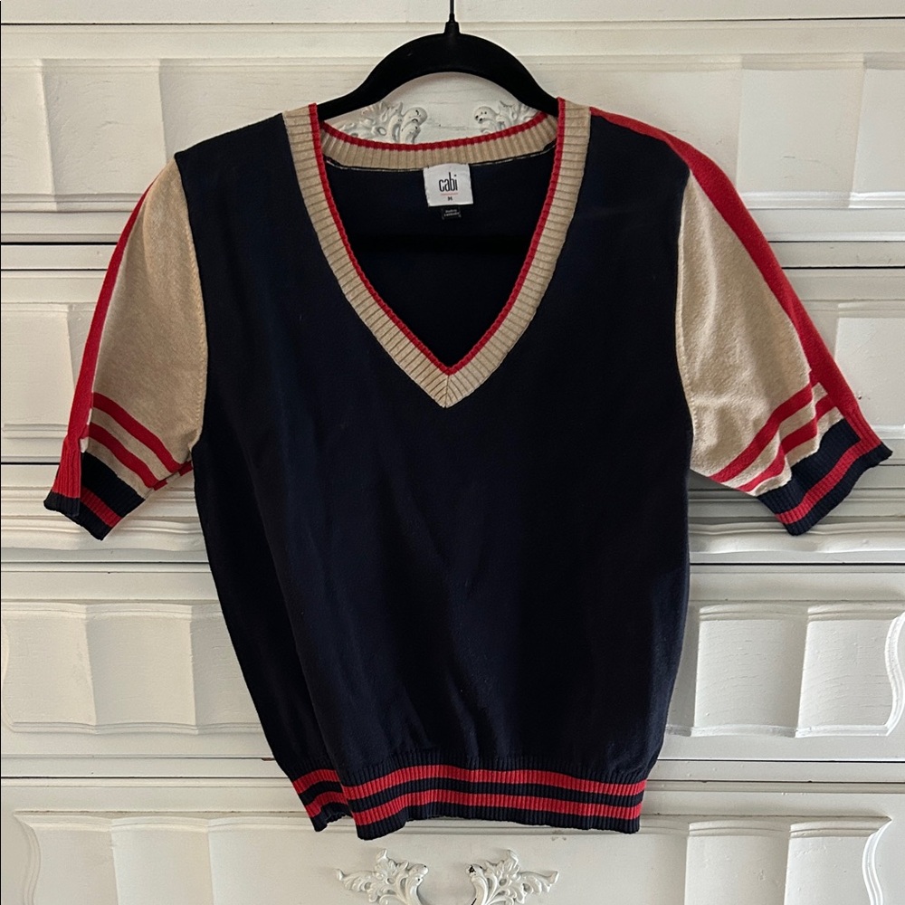 CAbi Navy Blue and Red V-Neck Sweater